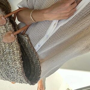 Solai “Somewhere Sunny” Cotton Net Button Dress | Neutral Resort Cover Up | S/M